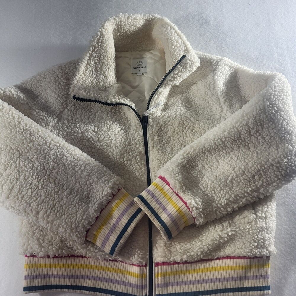 Ivory Ella Teddy Sherpa Fleece Jacket Cream Rainbow Elastic Hem Quilted Lining L